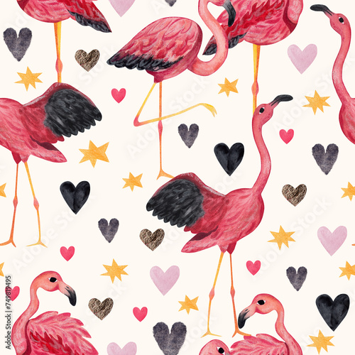 Pink flamingos and hearts. Watercolor illustration. seamless pattern on white background