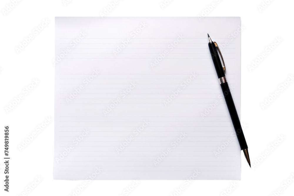 Notepad With Pen. A plain notepad with lines is lying on a flat surface. Resting on top of it is a simple pen ready to jot down notes or sketches. on White or PNG Transparent Background. Notepad With Pen. A plain notepad with lines is lying on a flat surface. Resting on top of it is a simple pen ready to jot down notes or sketches. on White or PNG Transparent Background.