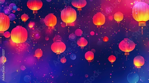 Luminous Chinese lanterns floating in vibrant sky at night. Traditional festival decoration and celebration. Bokeh lights creating festive, serene ambient. Festive background and c