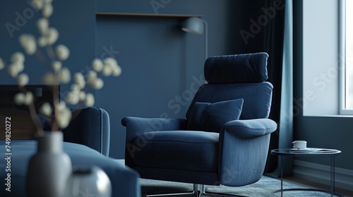 Elegant modern living room interior in monochrome blue tones with comfortable armchair and minimalist decor, perfect for relaxation and quiet reading. Contemporary home design and 