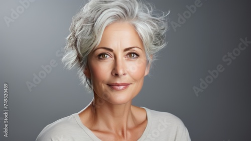 Portrait of a beautiful middle-aged woman with short gray hair.
