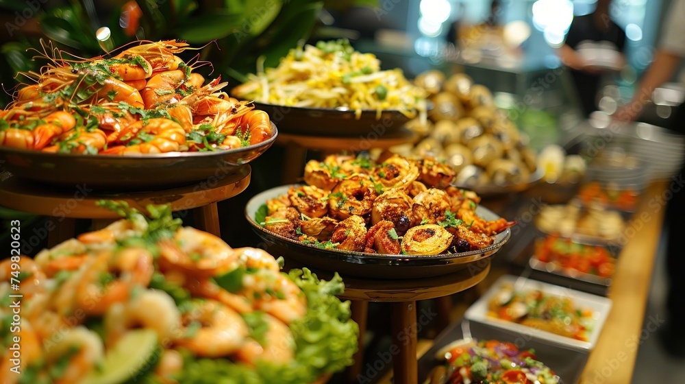 Assorted gourmet appetizers at luxury buffet spread showcasing variety of seafood dishes. Catering and gourmet cuisine.