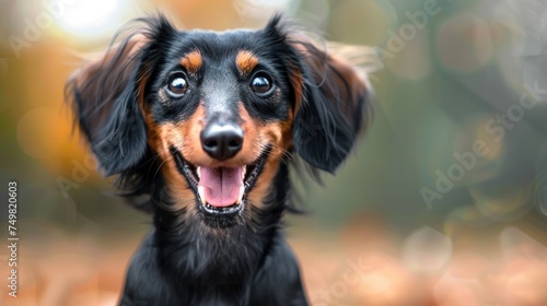 Alert black and tan dachshund dog with friendly expression, posing outdoors with vibrant fall background of colorful leaves and soft-focus bokeh. Pet companionship and autumn seaso