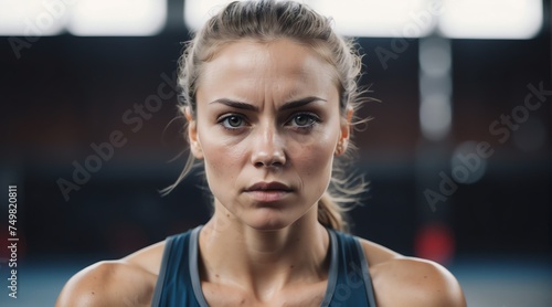Portrait of a serious sweaty fearless athlete caucasia woman looking at the camera from Generative AI