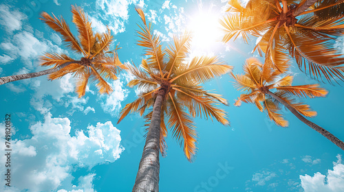 Bottom view of tropical palm trees on the seashore on an island, sunny day