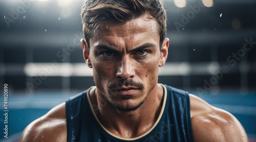 Portrait of a serious sweaty fearless athlete french man looking at the camera from Generative AI © sevenSkies