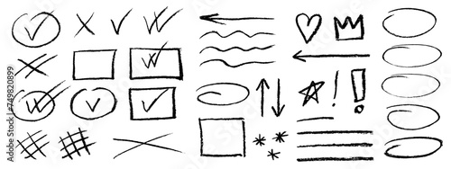 Charcoal strokes set. Rough charcoal strokes. Set of black hand drawn brush lines different forms and check marks. Collection of vector grunge brushes. Vector horizontal chalk lines drawn by hand.