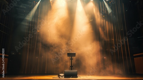 Illuminated empty stage with microphone and laptop during rehearsal in modern theater. Performance and presentation preparation.