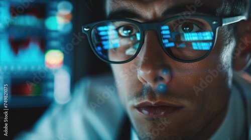 Focused technology professional analyzing data on multiple computer screens with reflections on glasses in modern office. Technology and data analysis.