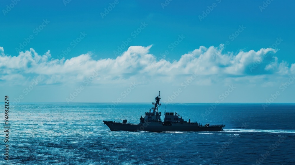 Military naval ship sailing on vast blue ocean under clear sky, demonstrating maritime security and defense capabilities. Maritime defense and strategy.