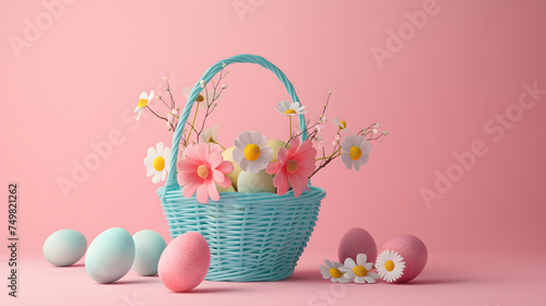 A vivid blue basket is full of colorful vivid Easter eggs and little spring flowers on a plain pink background with blank space for text. Realistic style.