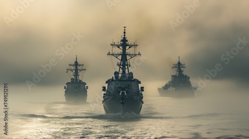 Naval fleet on strategic patrol in misty ocean waters exhibiting maritime strength and defensive military presence. National security and defense forces.