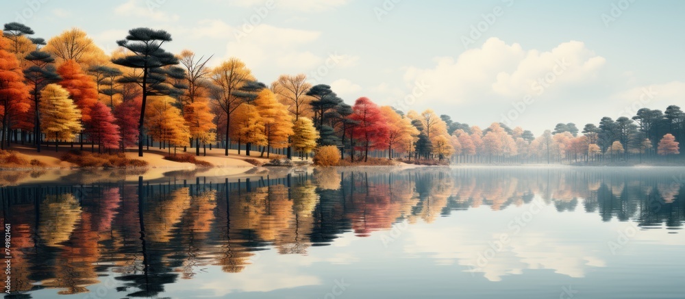 Beautiful autumn landscape with lake and trees in the park. Panorama