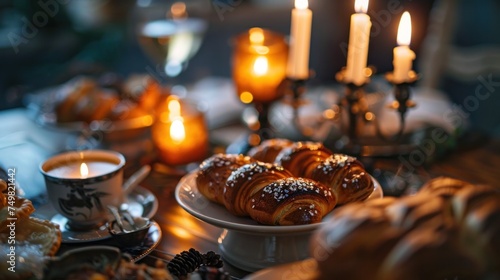 Elegant dinner table setting with candles and wine, featuring freshly baked pastries and cozy, warm ambiance. Dining experience and home comfort.