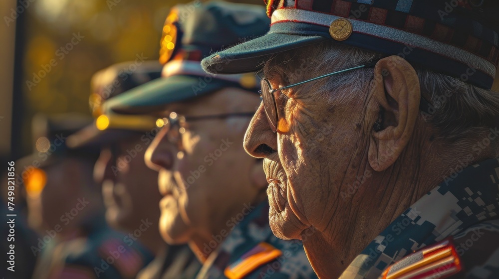 Veteran military men in uniform attending remembrance service with medals displayed. Honor and respect for servicemembers. - obrazy, fototapety, plakaty 