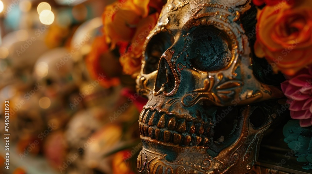 Colorful Day of Dead sugar skull display with vibrant flowers. Traditional Mexican Dia de los Muertos celebration with handmade decorations. Cultural heritage and remembrance.