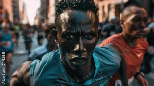 Determined male athlete focused on victory during challenging urban marathon race. spirit of competition and endurance in sports.