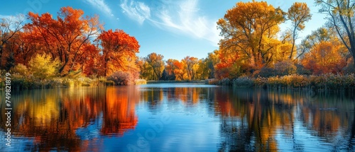 A serene pond surrounded by autumn trees  reflective beauty  space for text