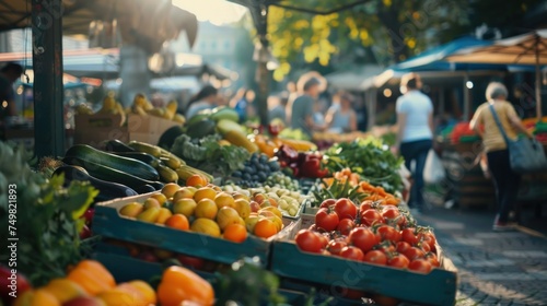 Vibrant outdoor farmers market with fresh vegetables on display during sunny day. People shopping for organic produce in sustainable living environment. Fresh food and healthy eati © Postproduction