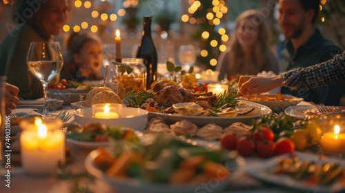 Family and friends gather around festive table for holiday dinner, enjoying traditional meal with candles and warm lights. Seasonal celebration and family togetherness.