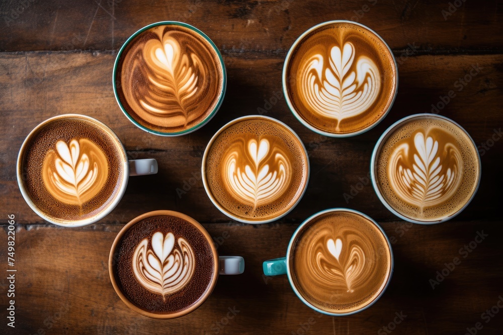 Top view, Multiple cups of coffee Coffee cups with latte art on wooden table, Coffee cups with latte art on wooden table, top view, Ai generated Top view, Multiple cups of coffee Coffee cups with latte art on wooden table, Coffee cups with latte art on wooden table, top view, Ai generated
