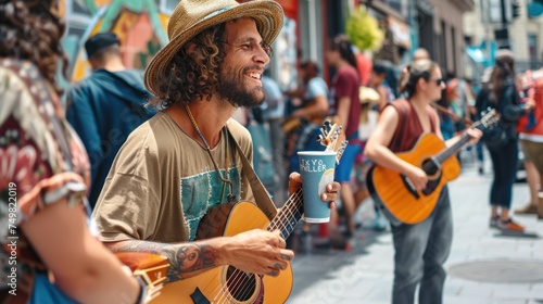 Street musicians playing acoustic guitar and singing in bustling city environment, sharing culture and art with pedestrians. Urban music scene and live performance. photo