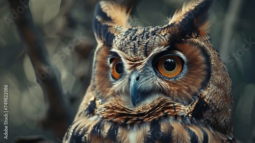 Majestic close-up of Great Horned Owl perching in its natural habitat  showcasing intricate feather patterns and piercing orange eyes. Wildlife and nature conservation.