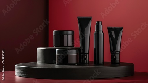 A sleek black cosmetic tube, jar, and bottle set on a circular pedestal against a vivid red backdrop with geometric shadows