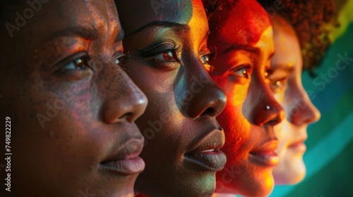 Multicultural group of women standing in row with colorful lighting on their faces. Diversity and inclusion in society. © Postproduction