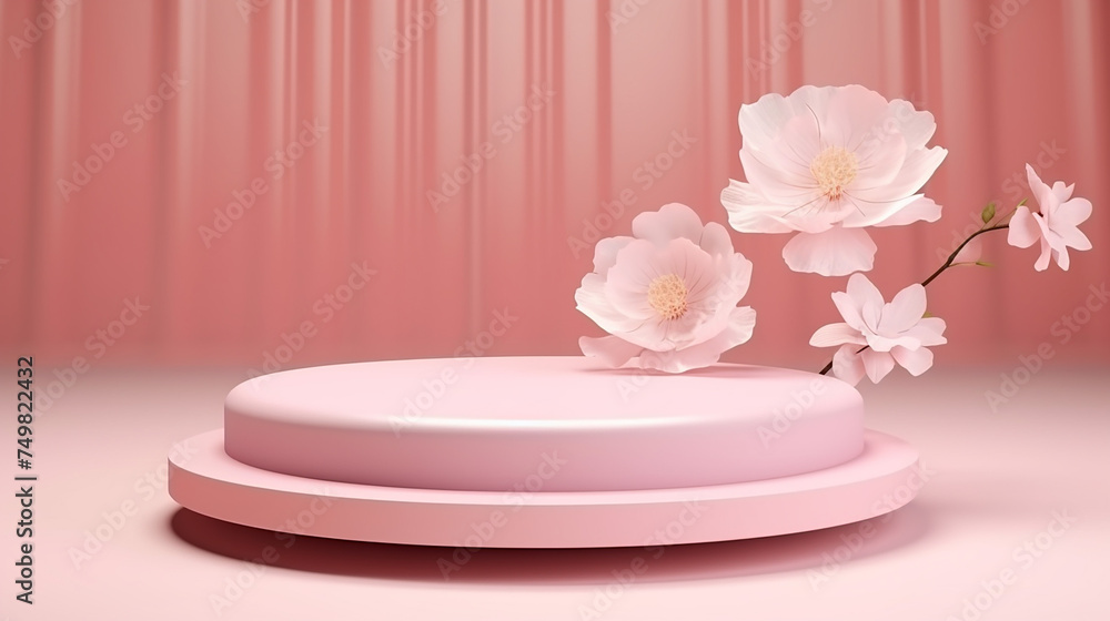 3D display podium set pastel pink flower and petals peony blossom. 3d display podium with copy space template. 3D display podium set pastel pink flower and petals peony blossom. 3d display podium with copy space template.