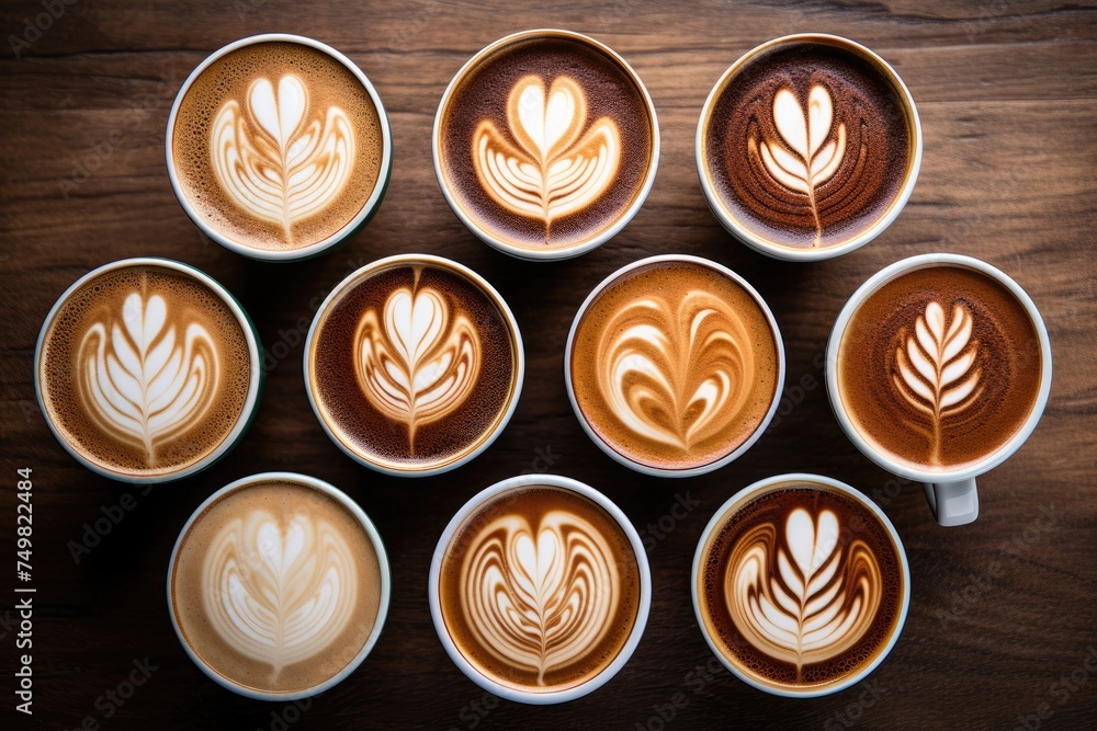 Top view, Multiple cups of coffee Coffee cups with latte art on wooden table, Coffee cups with latte art on wooden table, top view, Ai generated Top view, Multiple cups of coffee Coffee cups with latte art on wooden table, Coffee cups with latte art on wooden table, top view, Ai generated
