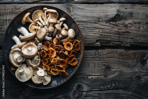 overhead view of a bowl of different foraged mushrooms on a rustic wooden background