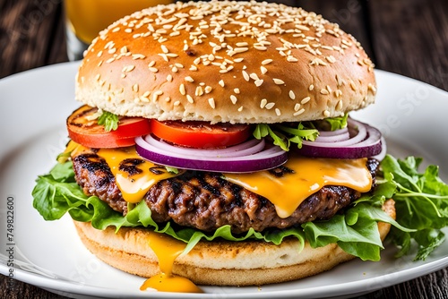 Tasty delicious burger photo with nice decoration, chicken burger ,beef burger , cheese , sauce, french fries, tomato for food advertisement