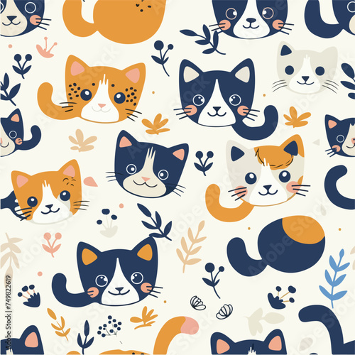 Seamless pattern with cute cats. Drawing style,Great for fabric,Ideal kids design,textile Vector Illustration