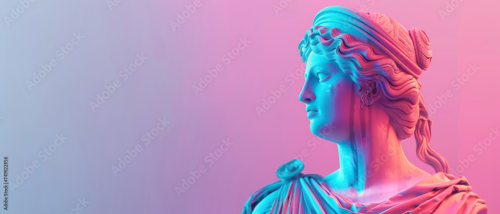 A statue of a woman with a blue and pink background