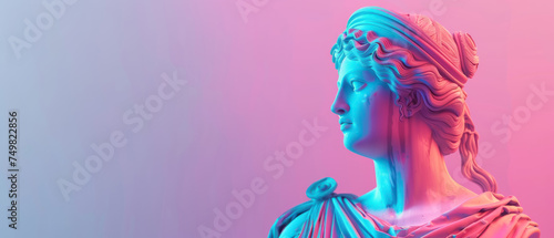 A statue of a woman with a blue and pink background