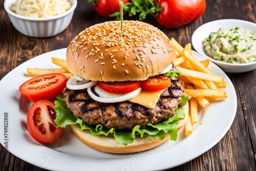 Tasty delicious burger photo with nice decoration  chicken burger  beef burger   cheese   sauce  french fries  tomato for food advertisement