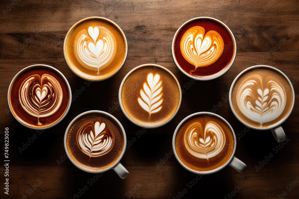 Multiple Coffee cups with latte art on wooden table, Coffee cups with latte art on wooden table Top view Multiple cups of coffee, Ai generated Multiple Coffee cups with latte art on wooden table, Coffee cups with latte art on wooden table Top view Multiple cups of coffee, Ai generated