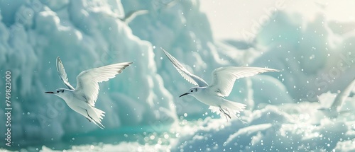 Arctic terns flying over melting ice caps  climate change theme