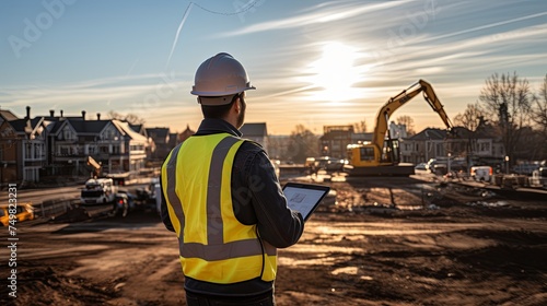Structural engineer or architect dressed in work vests and hard bats use tablet on the open building site. Construction Site Inspection with Technology