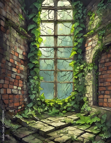 古い時代の蔦の生い茂る崩れたレンガの壁と大きな窓