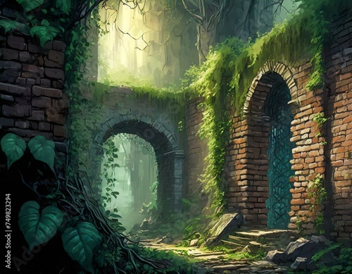 薄暗い森の中の古い時代の蔦の生い茂る崩れたレンガの壁とアーチ