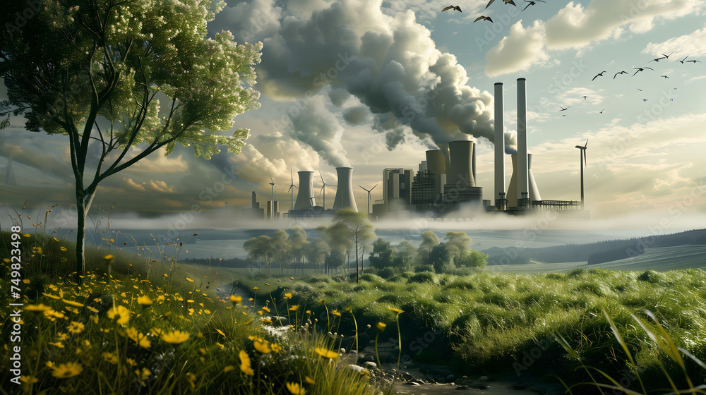 Energy Contrast With Industrial Power Plant And Wind Turbines Amidst Nature - obrazy, fototapety, plakaty 