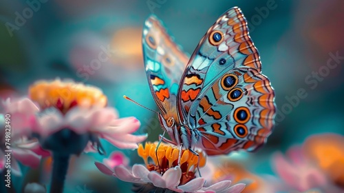 Close-up of a colorful butterfly on a flower, nature's detail, text space