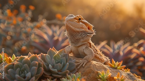 Amidst the desert landscape, a bearded dragon lizard finds solace atop a sun-kissed rock, its form illuminated by the golden glow of the sun, while desert flora flourishes nearby.