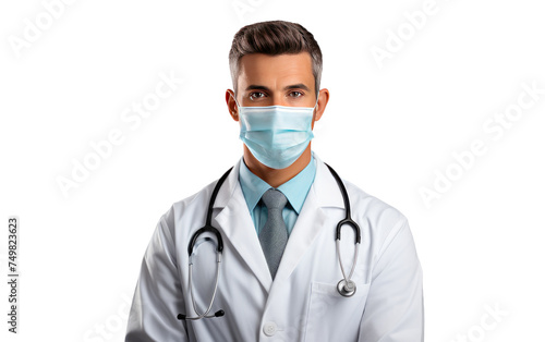 Male Doctor Wearing Mask and Stethoscope. A male doctor is depicted in the picture, wearing a protective mask and a stethoscope around his neck. He appears focused and ready for patient care. photo