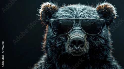 Futuristic bear with black sunglasses on the black studio background closeup