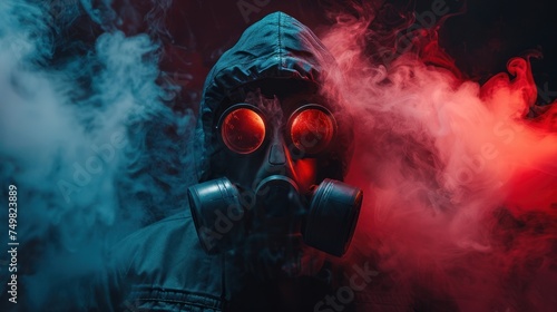 Futuristic swag man mask gas on the black studio background smoke closeup photo