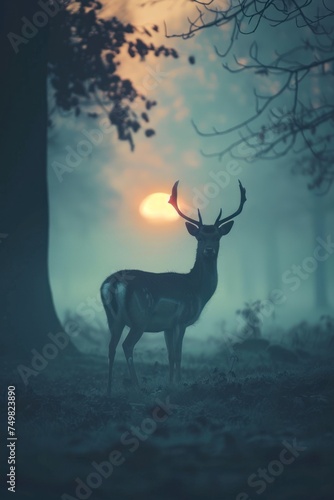 Gentle deer in a misty forest at dawn a serene moment frozen in time