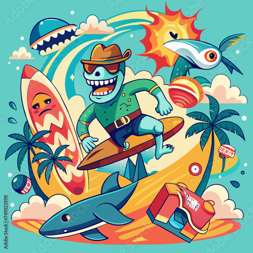 T-shirt sticker of a humorous illustration merging pop culture references with surfing motifs